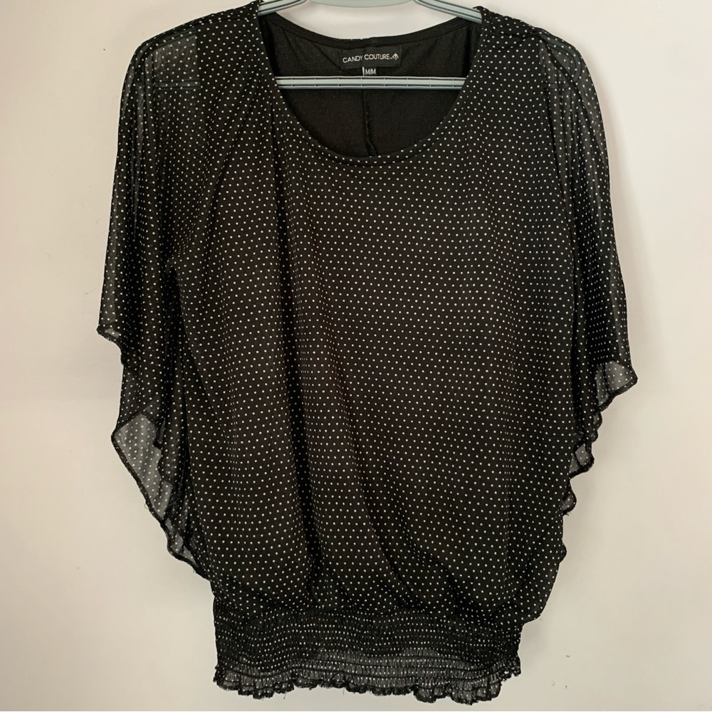 Candy Couture Black Polka Dot Chiffon Blouse Medium Smocked Waist